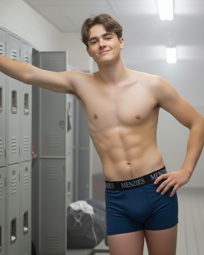 Alex M wearing blue Menzies boxer briefs