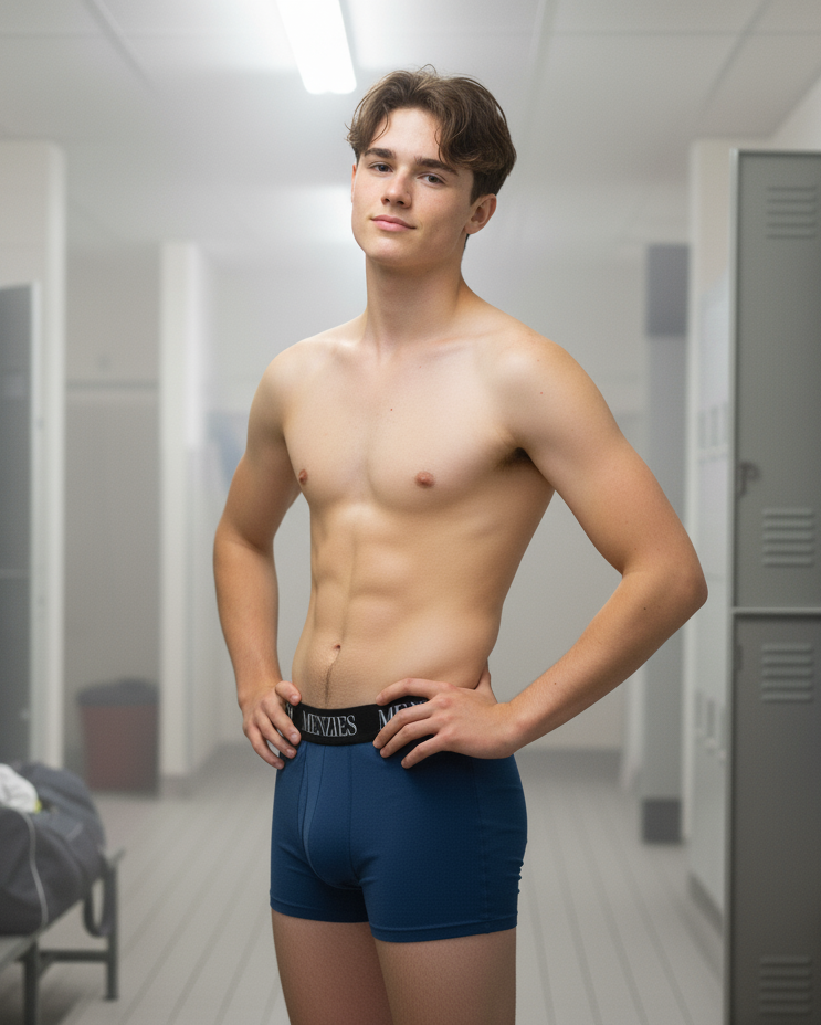 Alex M wearing blue Menzies boxer briefs