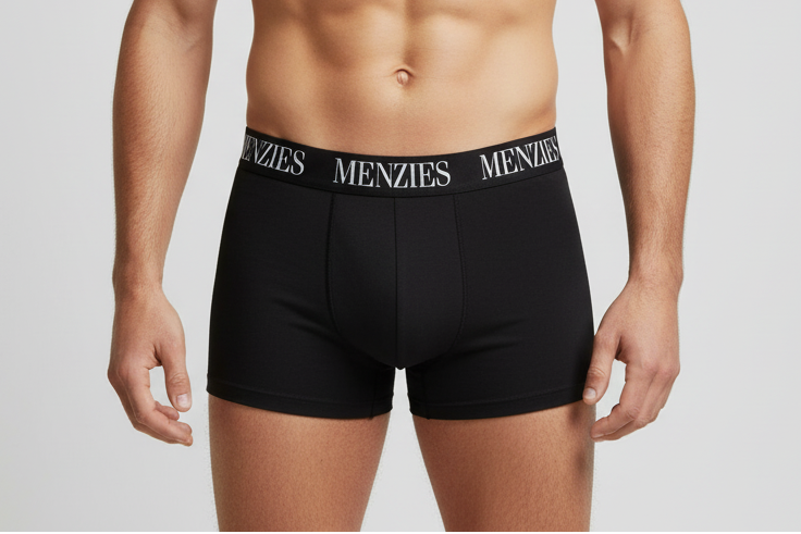 Man wearing black Menzies underwear on a white background
